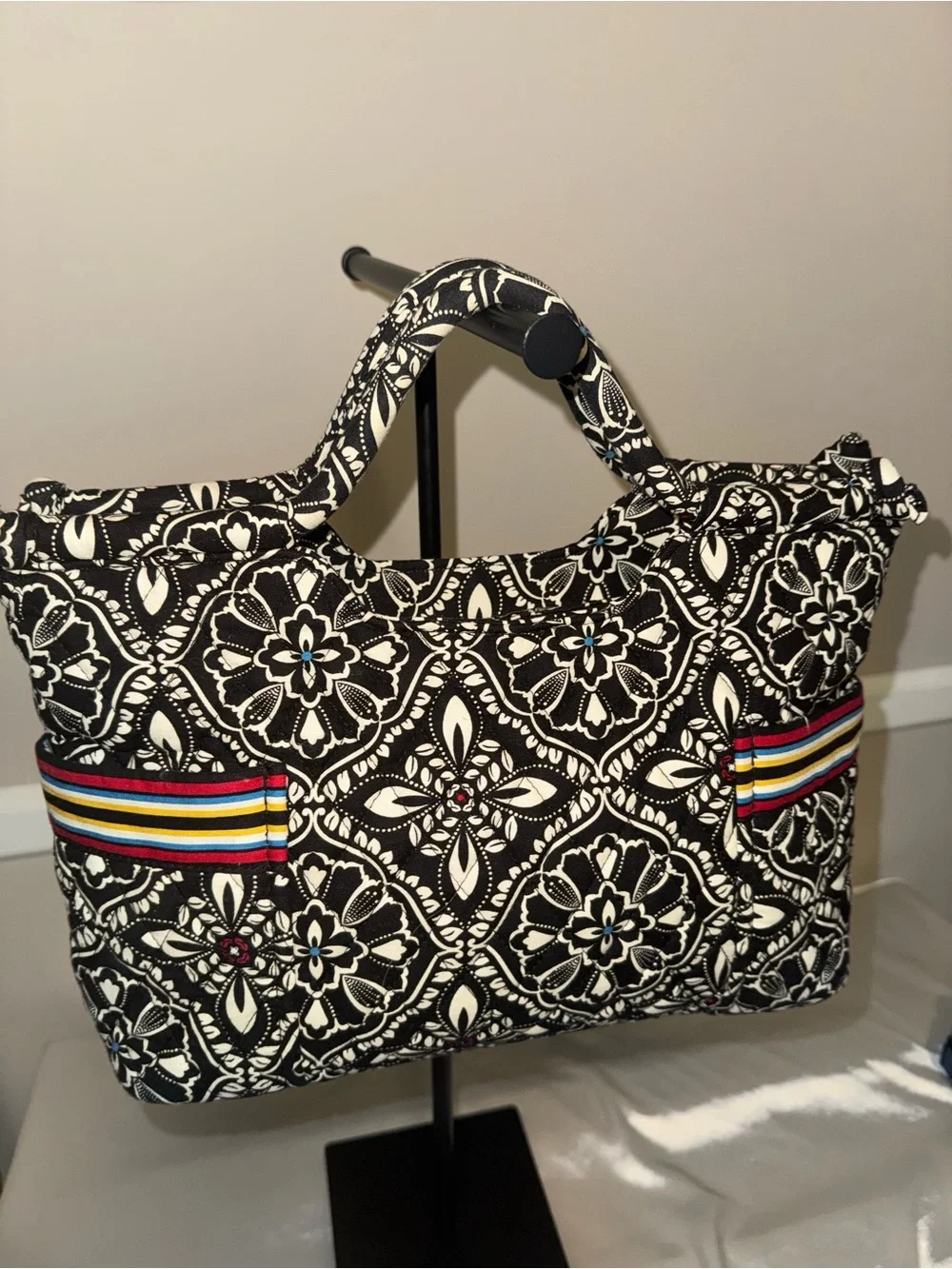 Vera Bradley Black & White Quilted Tote with Multicolor Stripe Detail